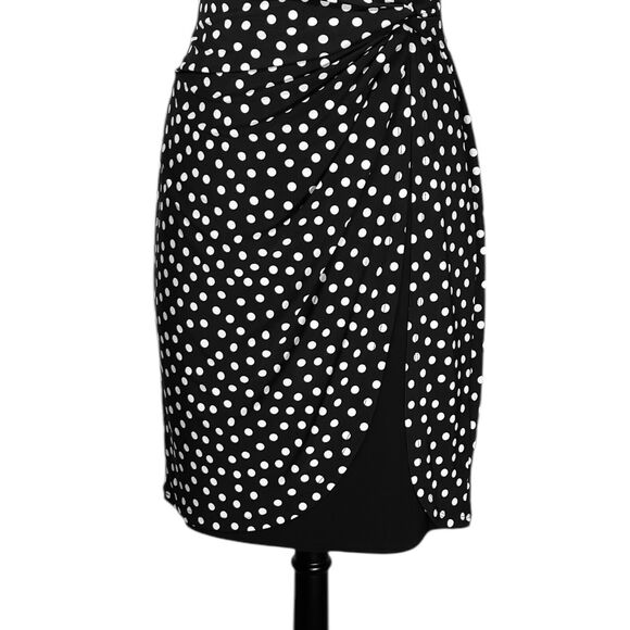 Chaps Ralph Lauren Women's Dress Black White Polka Dot Faux Wrap Party Sheath M - Picture 6 of 8